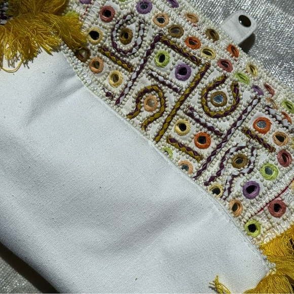 Antik Batik Bohemian Yellow and Cream Beaded Embellished Tote Bag - Picture 14 of 16